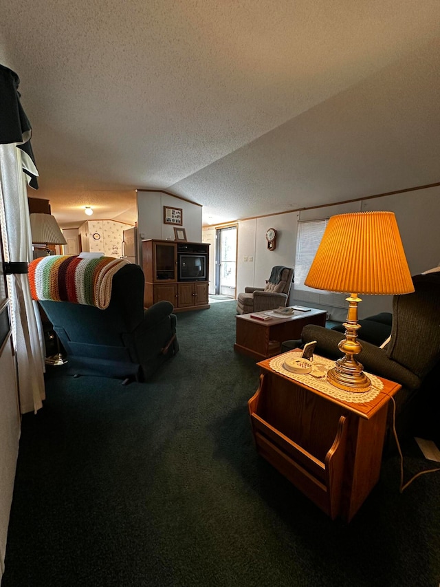 carpeted living room with a textured ceiling and lofted ceiling