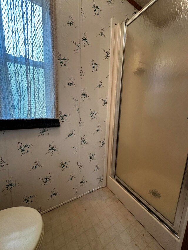 bathroom with a wealth of natural light, toilet, and walk in shower