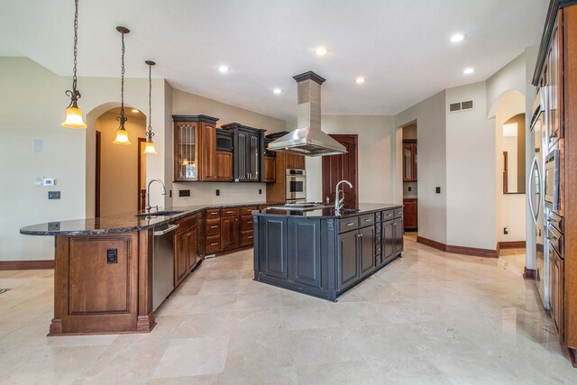 75 Chateaux Du Lac, Fenton, MI 48430 - kitchen featuring a sink, arched walkways, appliances with stainless steel finishes, island range hood, and a peninsula