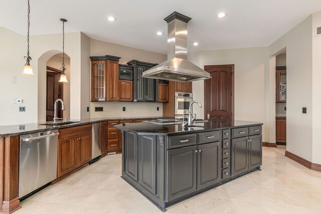 75 Chateaux Du Lac, Fenton, MI 48430 - kitchen featuring stainless steel appliances, island range hood, a sink, arched walkways, and recessed lighting