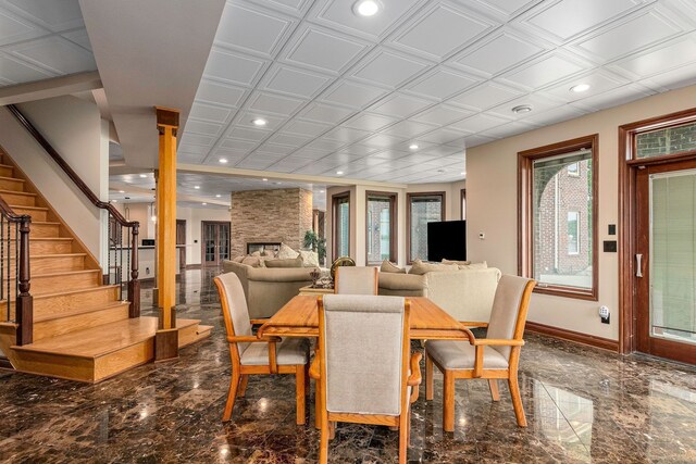 75 Chateaux Du Lac, Fenton, MI 48430 - dining area with recessed lighting, baseboards, stairway, and an ornate ceiling