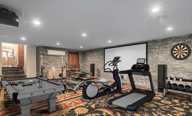 75 Chateaux Du Lac, Fenton, MI 48430 - rec room featuring a wall mounted air conditioner, billiards table, recessed lighting, and carpet floors