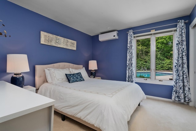 bedroom with light carpet and a wall mounted AC