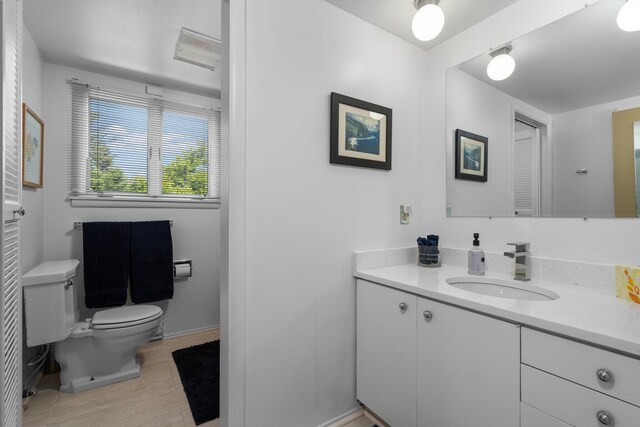 3586 E Huron River Dr, Ann Arbor, MI 48104 - bathroom with toilet, vanity, baseboards, and wood finished floors