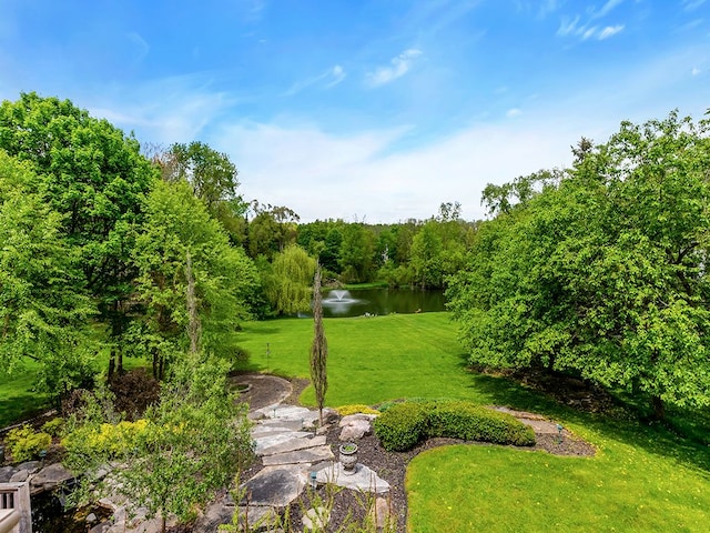 view of yard with a water view