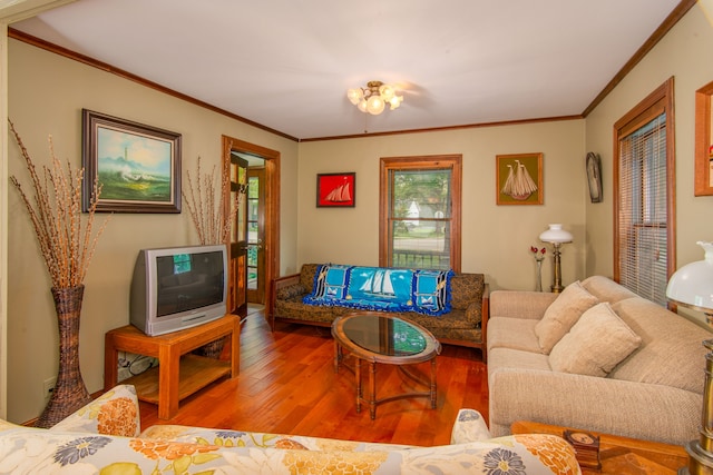 living room featuring hardwood / wood-style flooring and ornamental molding