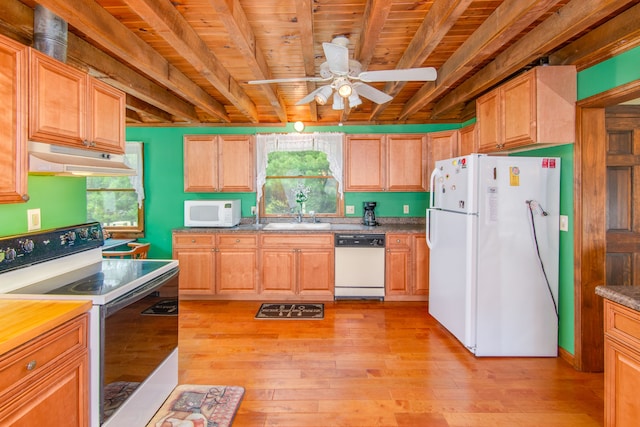 kitchen with white appliances, wooden ceiling, sink, beamed ceiling, and light hardwood / wood-style floors