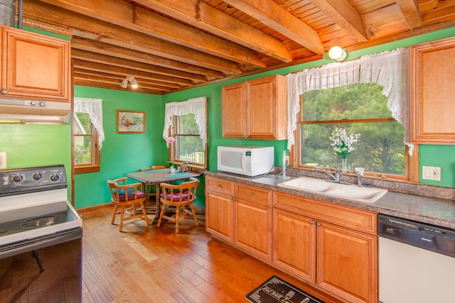 kitchen featuring white appliances, wooden ceiling, sink, light wood-type flooring, and beam ceiling