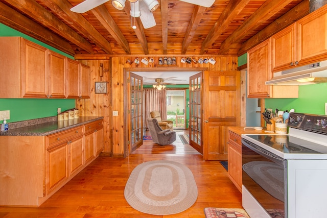 kitchen with white electric stove, wooden ceiling, beamed ceiling, light hardwood / wood-style floors, and wood walls