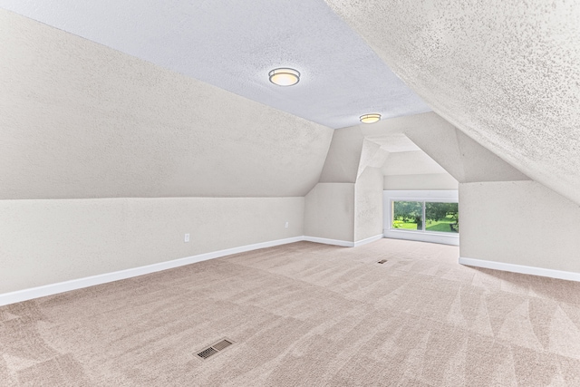 additional living space featuring carpet, a textured ceiling, and vaulted ceiling