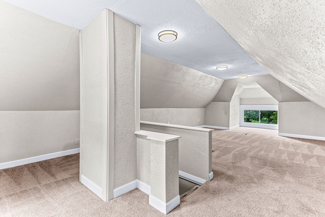 additional living space featuring carpet, a textured ceiling, and vaulted ceiling