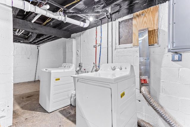 laundry area featuring electric panel and washing machine and clothes dryer