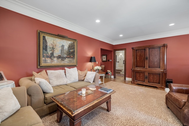 living room featuring crown molding and light hardwood / wood-style floors