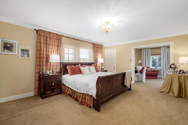 carpeted bedroom featuring ornamental molding