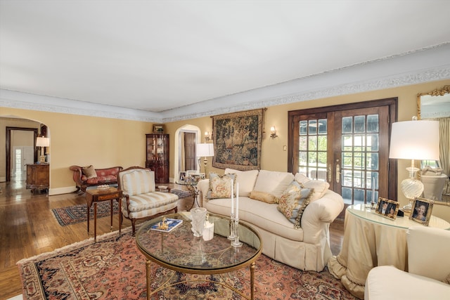 living room featuring wood-type flooring and french doors