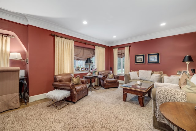 living room with wood-type flooring and ornamental molding