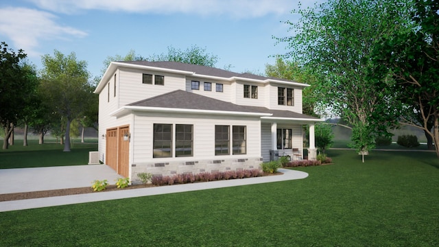 view of front of house featuring a front lawn, a porch, and a garage