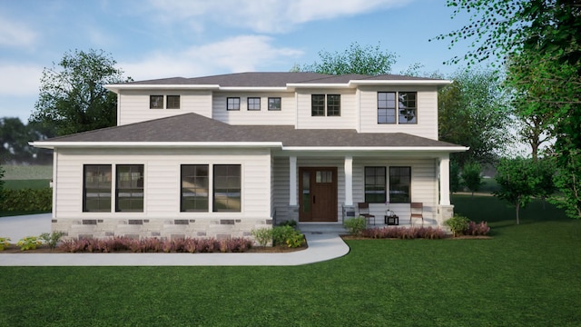 view of front of home with covered porch and a front lawn