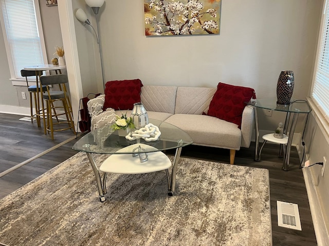 living room with dark wood-type flooring