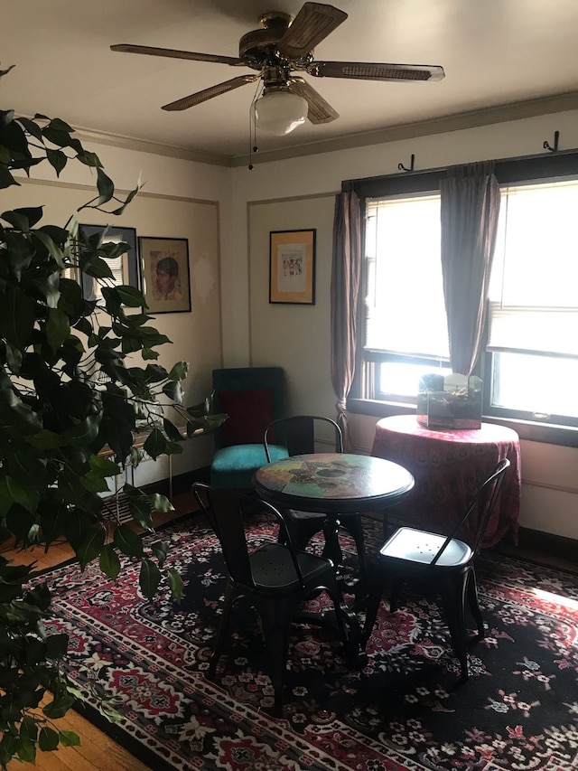 dining area with ceiling fan, wood-type flooring, and crown molding