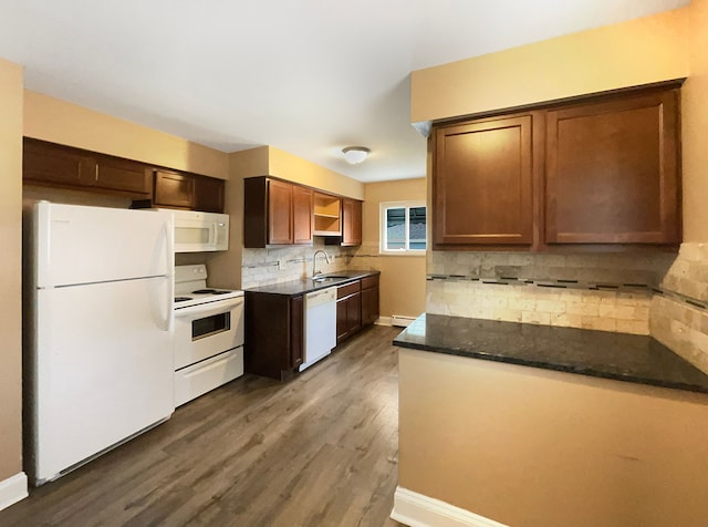 21108 Vermander Ave, Clinton Township, MI 48035 - kitchen with white appliances, a sink, dark wood-style flooring, backsplash, and open shelves