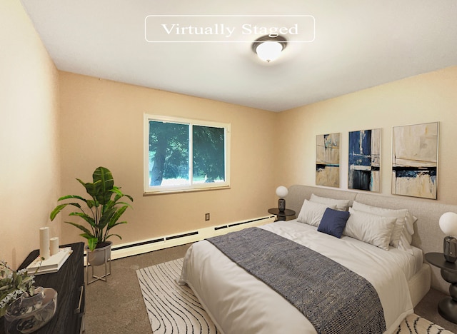 bedroom featuring dark carpet and a baseboard heating unit