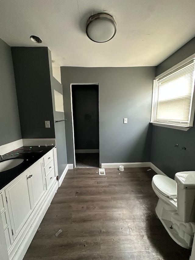 bathroom with wood-type flooring, vanity, and toilet