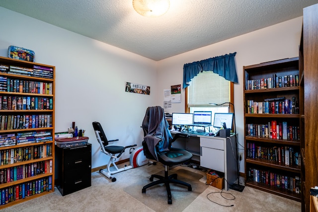 office area featuring light colored carpet and a textured ceiling