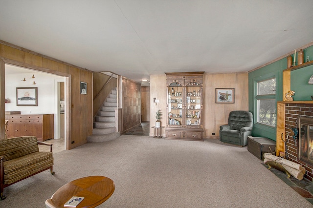 interior space featuring wood walls and a fireplace