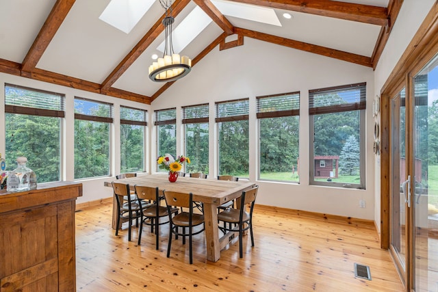 sunroom with vaulted ceiling with skylight and a healthy amount of sunlight