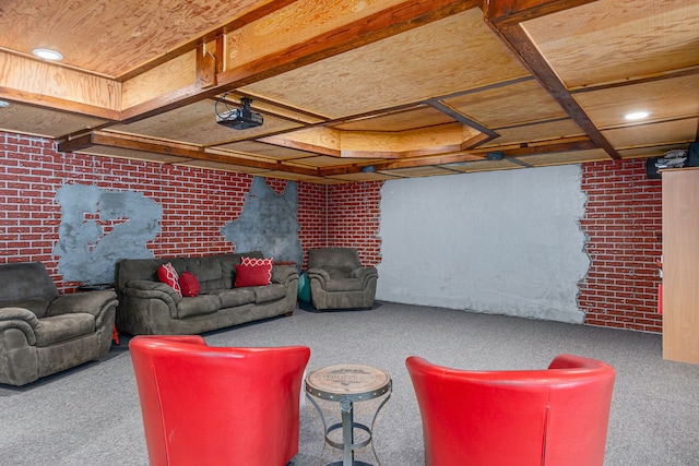 living room with carpet floors and brick wall