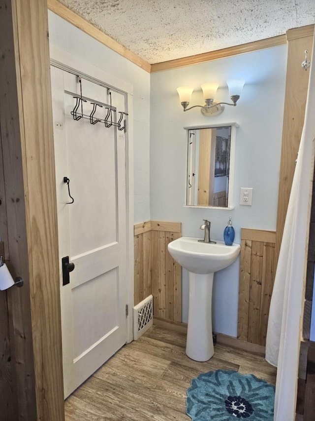 bathroom with a sink, ornamental molding, wood finished floors, and visible vents