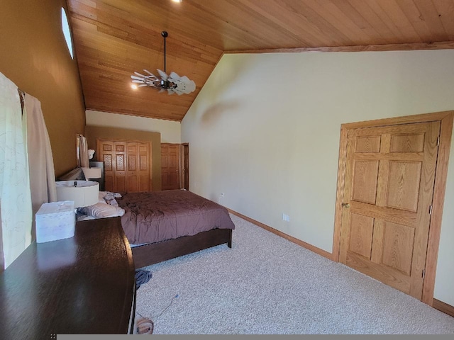 bedroom featuring carpet, high vaulted ceiling, and wooden ceiling