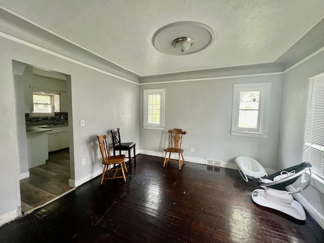 sitting room with a textured ceiling, dark wood-type flooring, crown molding, and a healthy amount of sunlight