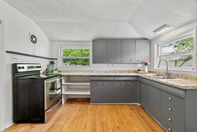 1114 Church St, Port Huron, MI 48060 - kitchen featuring stainless steel range with electric stovetop, gray cabinets, vaulted ceiling, a sink, and light wood finished floors