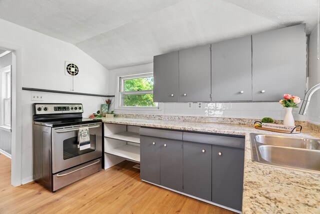 1114 Church St, Port Huron, MI 48060 - kitchen featuring electric range, a sink, light wood-type flooring, gray cabinets, and vaulted ceiling