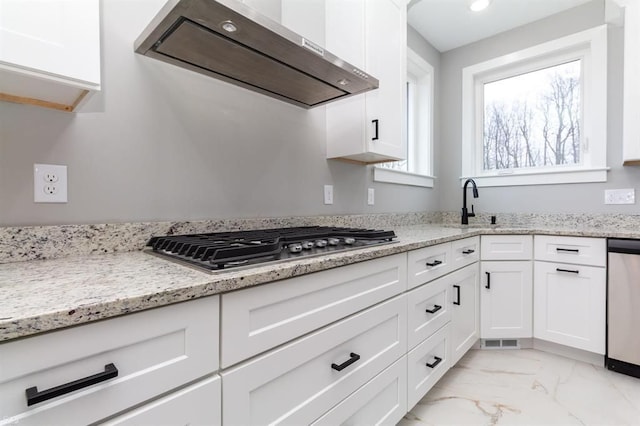 kitchen with appliances with stainless steel finishes, light stone counters, sink, exhaust hood, and white cabinets