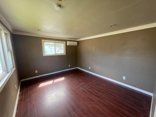 unfurnished room featuring crown molding, a wall mounted air conditioner, and dark hardwood / wood-style floors