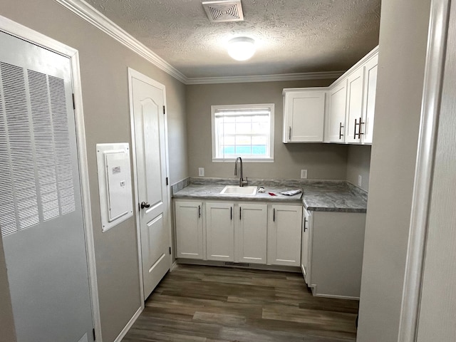 2759 Naples Ct, Lapeer, MI 48446 - kitchen featuring a heating unit, dark wood finished floors, crown molding, a textured ceiling, and white cabinets