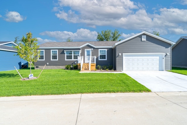 single story home with a garage and a front yard