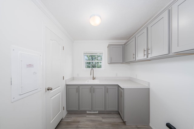 clothes washing area with electric panel, sink, light wood-type flooring, and ornamental molding