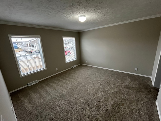 carpeted empty room with crown molding and a textured ceiling