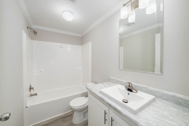 full bathroom featuring ornamental molding, toilet, vanity, shower / bathtub combination, and hardwood / wood-style flooring