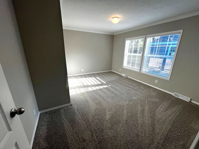 carpeted spare room with a textured ceiling and crown molding