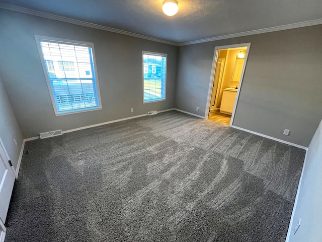 spare room with crown molding, carpet floors, and a textured ceiling