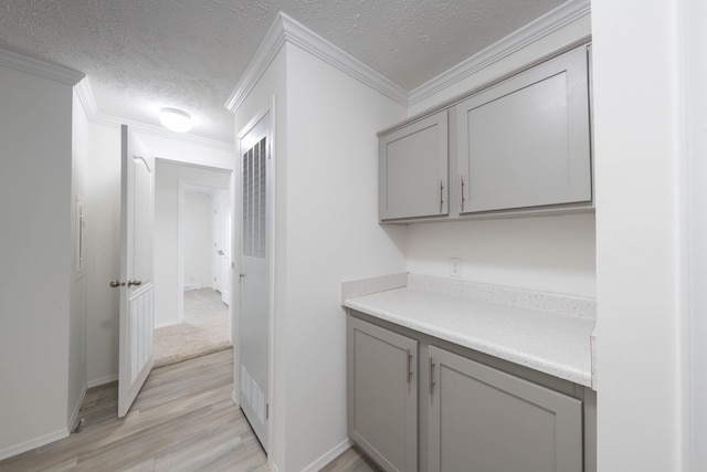 bar with gray cabinetry, crown molding, light hardwood / wood-style floors, and a textured ceiling