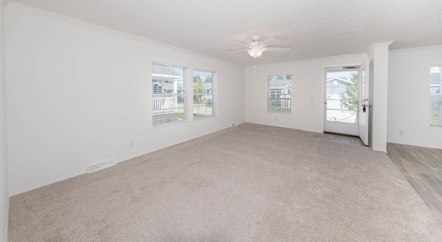 carpeted empty room featuring a textured ceiling, ceiling fan, and crown molding