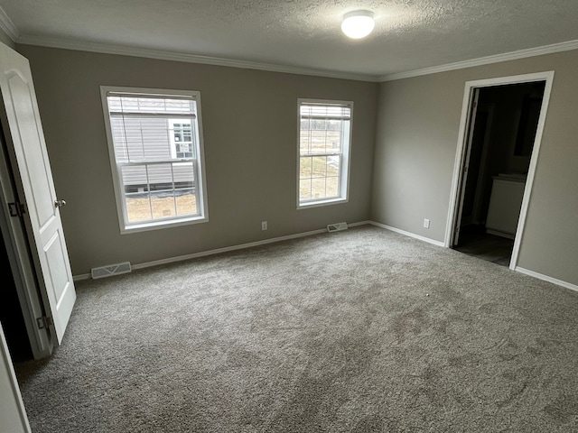 unfurnished bedroom featuring carpet flooring, ornamental molding, and a textured ceiling