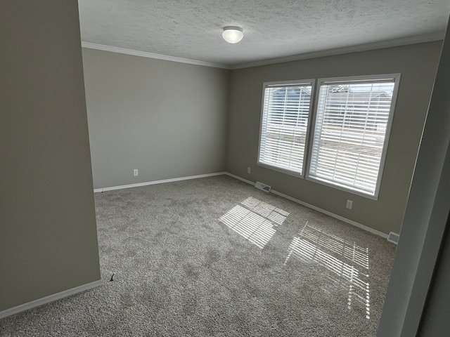 empty room featuring crown molding, carpet floors, and a textured ceiling