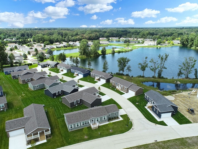 bird's eye view with a water view